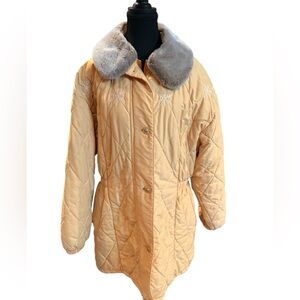 🙂 Vintage Sachet Quilted Yellow Winter Coat Women’s Faux Fur Collar 80s 90s